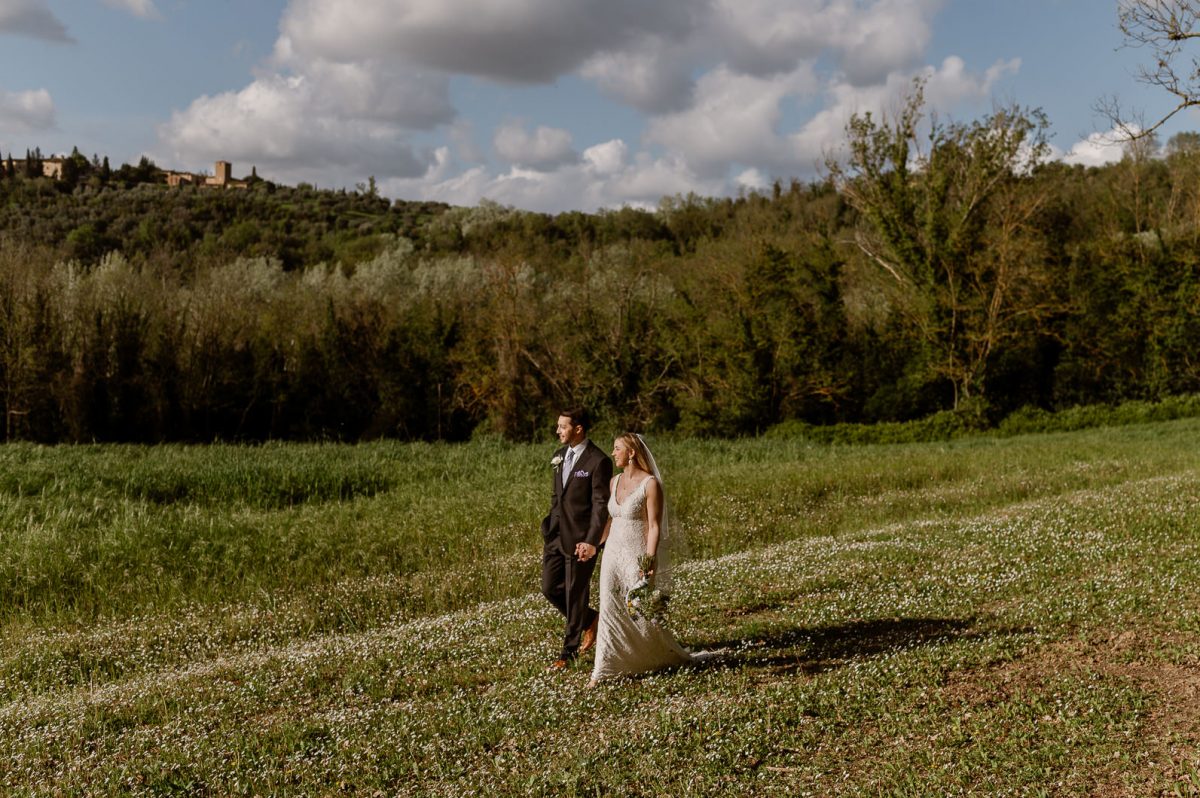 Couple walking on fields